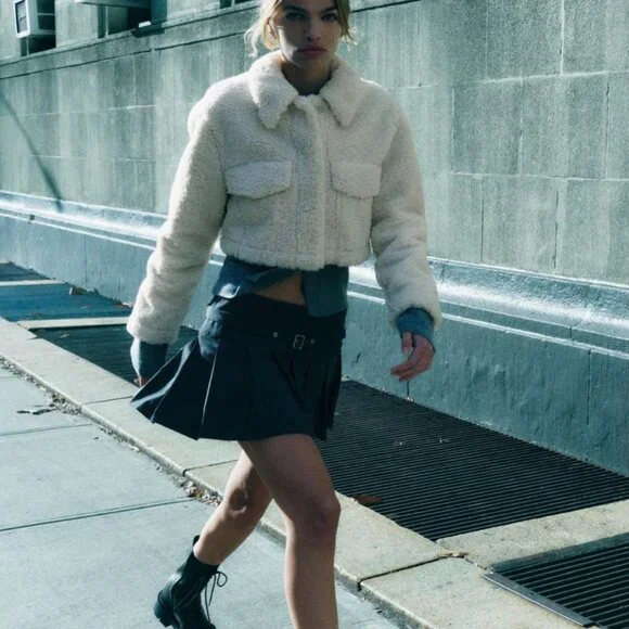 ZARA Women's Cropped Faux Shearing Jacket(Ecru, US XL /EUR XL) - Picture 2 of 11